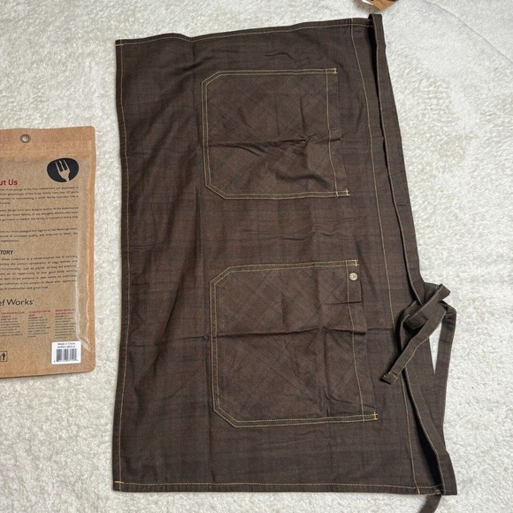 Chef Works Half Bistro Apron Olympia Reversible Plaid NEW Brown Blue Pockets - Picture 2 of 6
